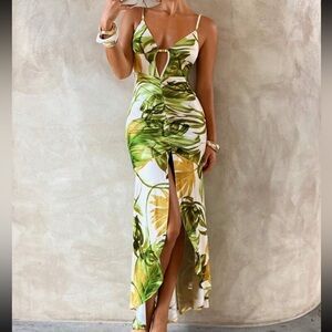 Vici Green and Yellow Leaf Print Midi Dress